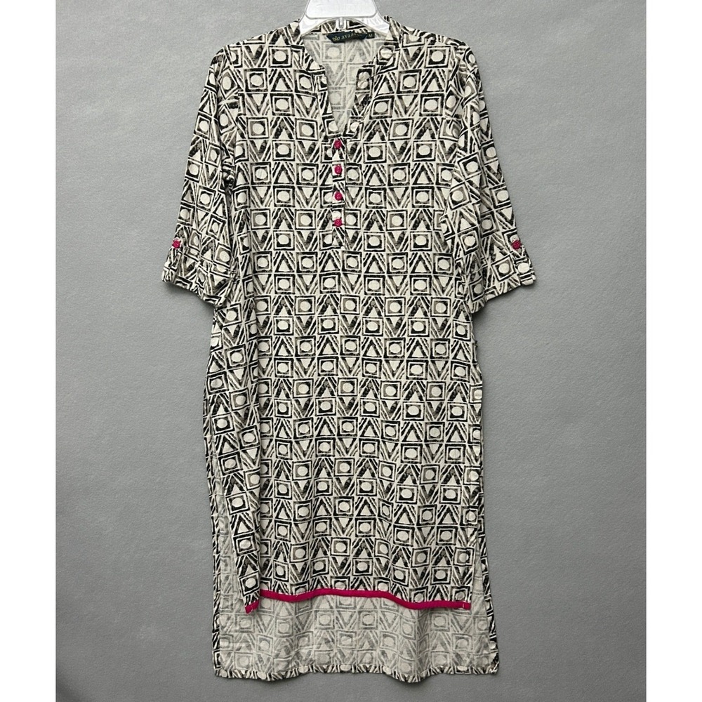 Avaasa Women M Kurta Top Gray Pink Boho Geometric Linen Blend Side Slits Pocket